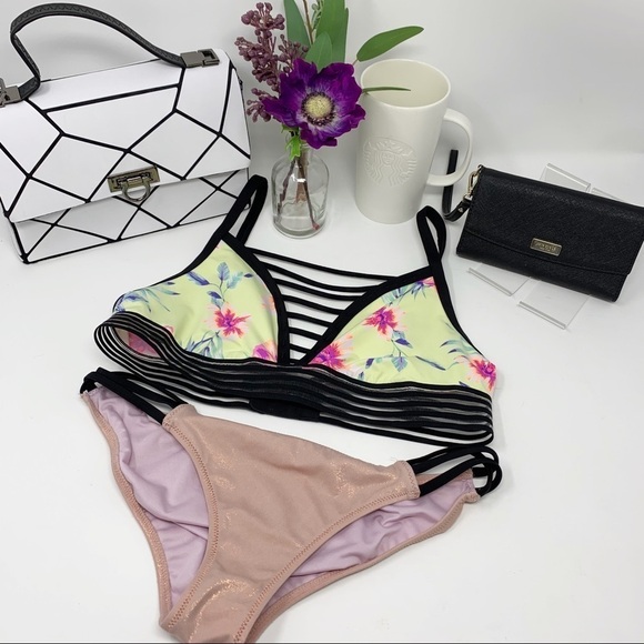 PINK Victoria Secret Yellow Floral Print Strappy Bikini Swim Top Size Medium - Picture 1 of 5